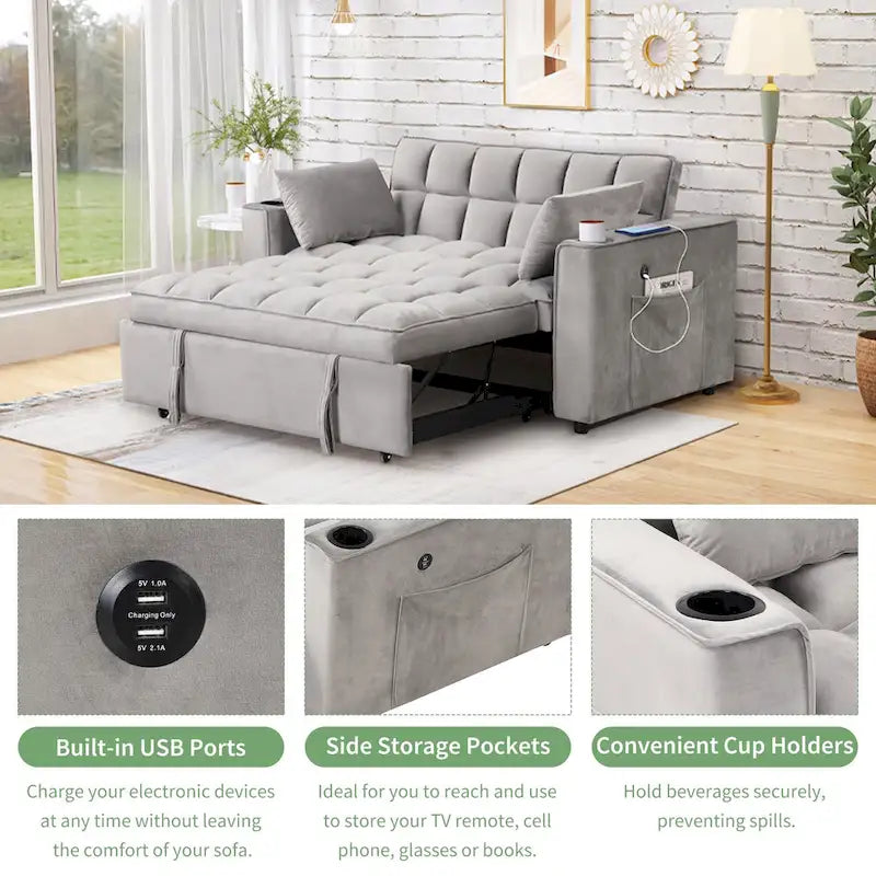 Roomfitters 58 4-1 Multi-functional Sofa Bed with Cup Holder and USB Port for Living Room or Apartments