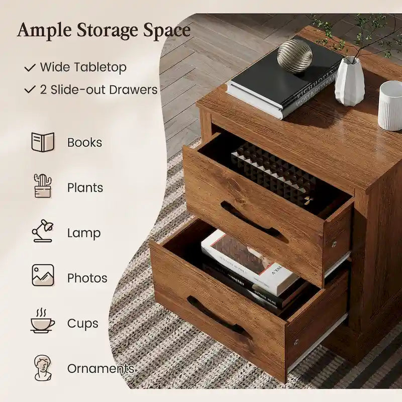 Gymax Set of 2 Drawer Nightstand Bedside Table Compact Sofa End Table