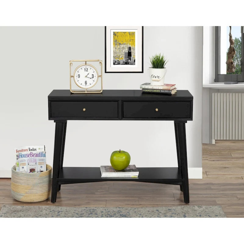 Solid Wood Console Table with Drawers and Floor Shelf - 42 L x 14 W x 33 H