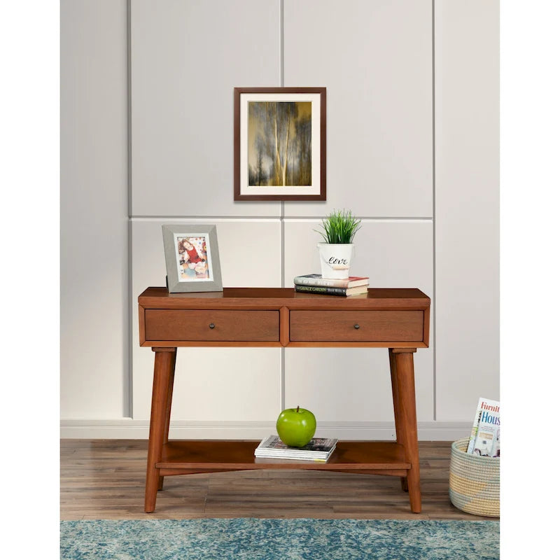 Solid Wood Console Table with Drawers and Floor Shelf - 42 L x 14 W x 33 H