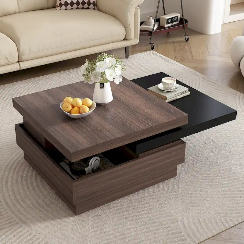 Modern 2 Tier Square Coffee Table Swivel Top Coffee Table with 1 Hidden Storage Space, for Living Room