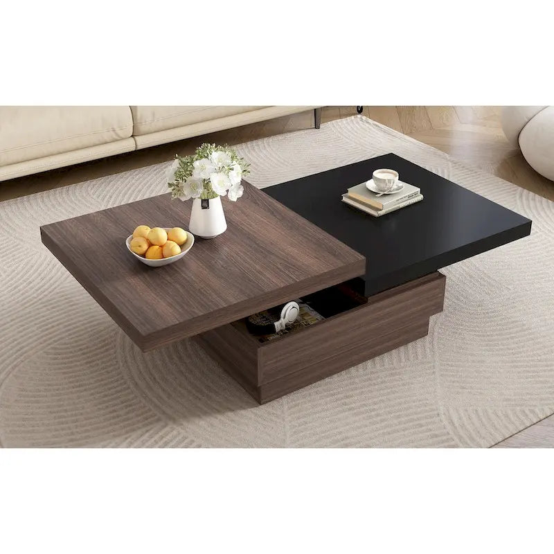 Modern 2 Tier Square Coffee Table Swivel Top Coffee Table with 1 Hidden Storage Space, for Living Room