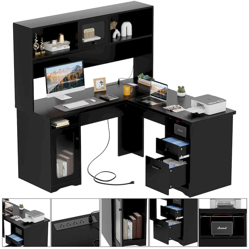 L-shaped Executive Desk Office Computer Table with Top Hutch and Charge Station