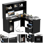 L-shaped Executive Desk Office Computer Table with Top Hutch and Charge Station