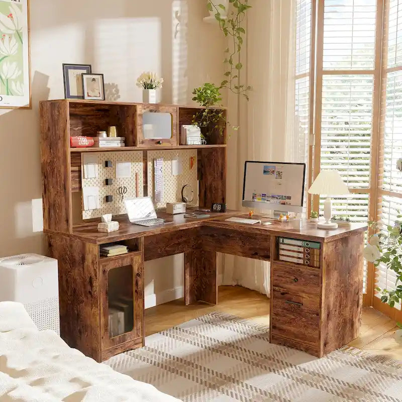 L-shaped Executive Desk Office Computer Table with Top Hutch and Charge Station
