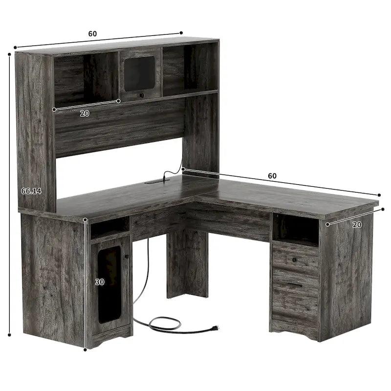 L-shaped Executive Desk Office Computer Table with Top Hutch and Charge Station