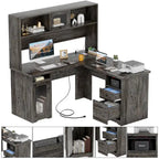 L-shaped Executive Desk Office Computer Table with Top Hutch and Charge Station