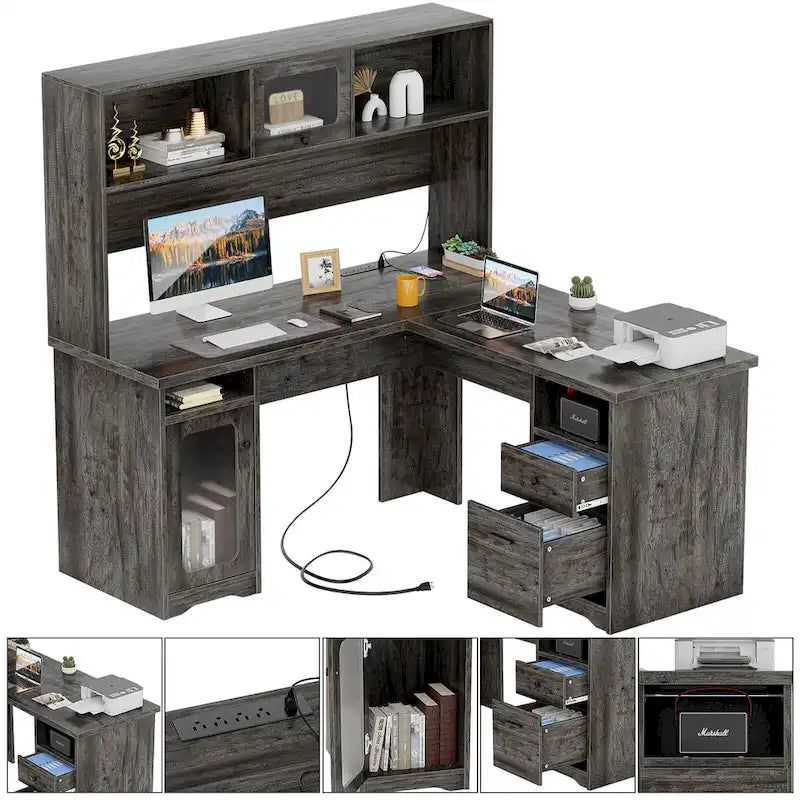 L-shaped Executive Desk Office Computer Table with Top Hutch and Charge Station