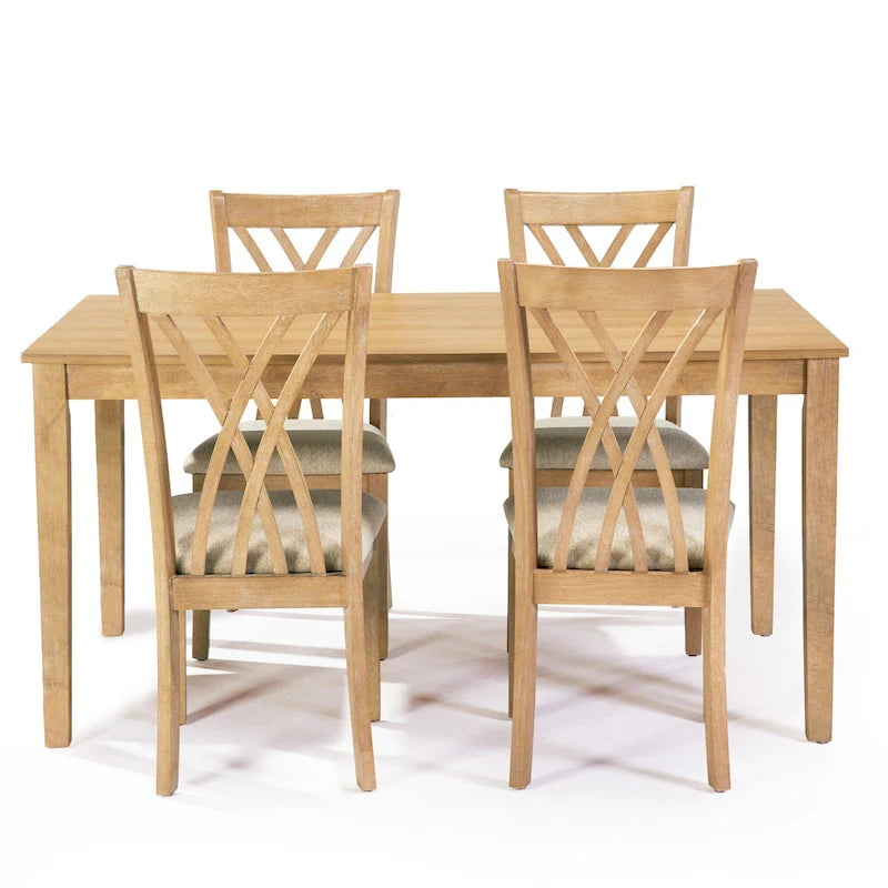 Wooden Rectangle Dining Room Table Set of 5, Kitchen Set with Dining Table and 4 Cross Backrest Chairs for 4-6 Persons