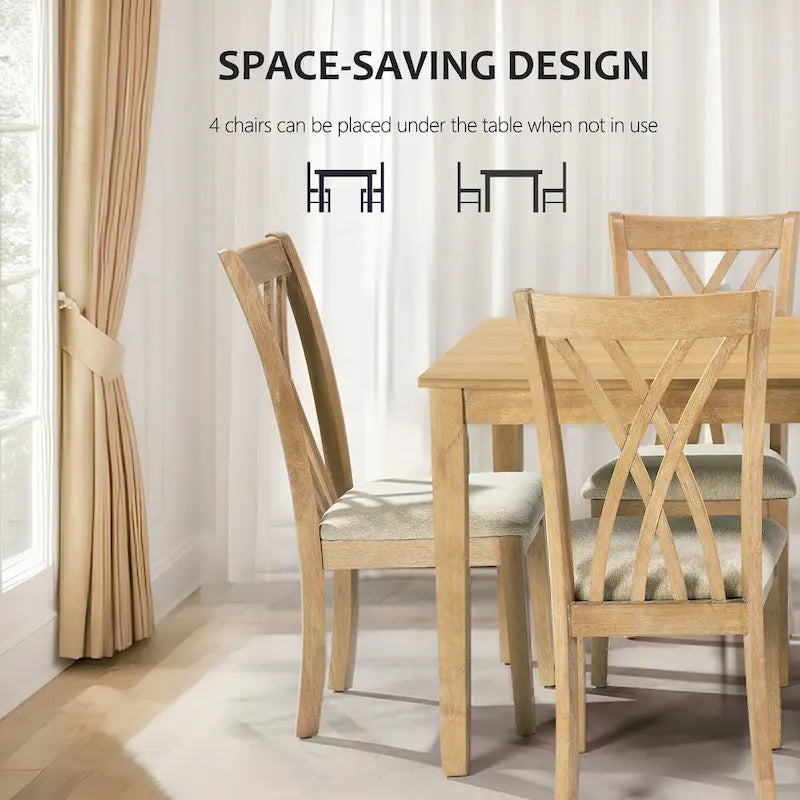 Wooden Rectangle Dining Room Table Set of 5, Kitchen Set with Dining Table and 4 Cross Backrest Chairs for 4-6 Persons