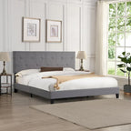 King Size Upholstered Platform Bed with Button Tufted Linen Fabric Headboard