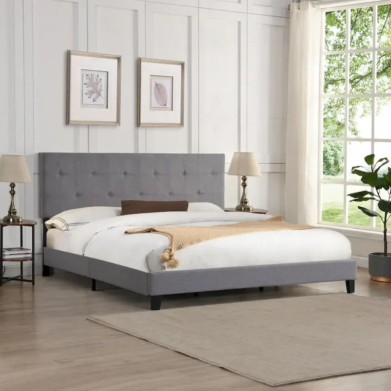 King Size Upholstered Platform Bed with Button Tufted Linen Fabric Headboard