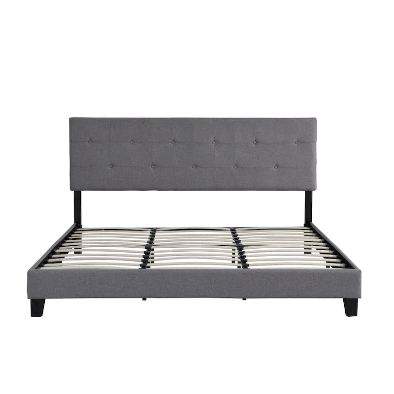 King Size Upholstered Platform Bed with Button Tufted Linen Fabric Headboard