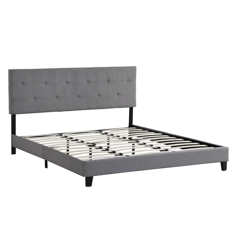 King Size Upholstered Platform Bed with Button Tufted Linen Fabric Headboard
