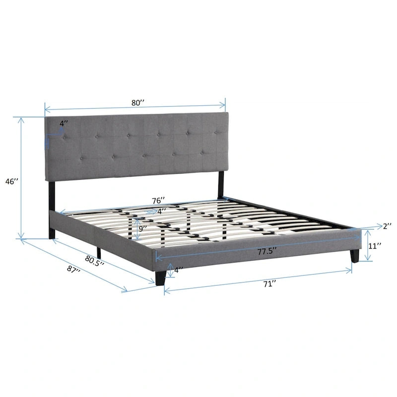 King Size Upholstered Platform Bed with Button Tufted Linen Fabric Headboard