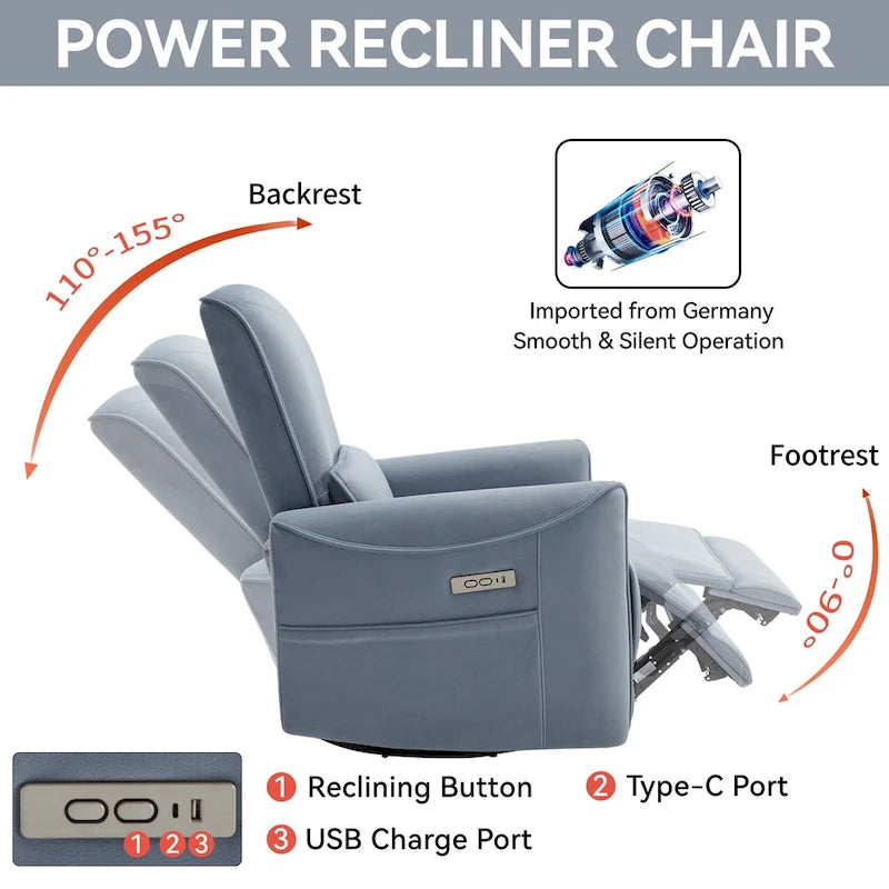 Brown Ergonomic Power Recliner with Swivel, Rocking, and USB Ports