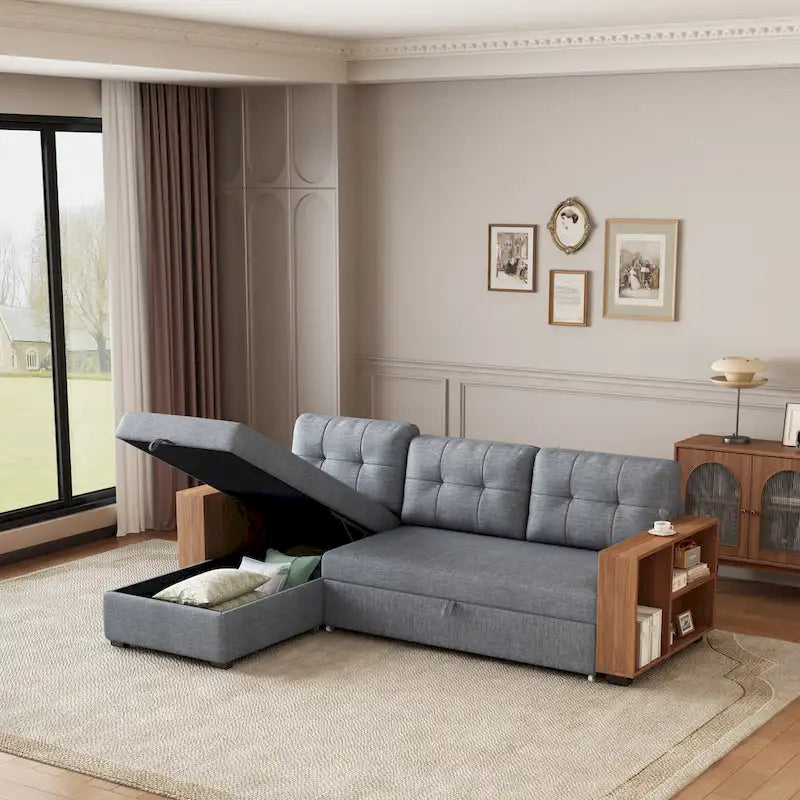 Grey 84 Convertible Corner 3-Seater Sectional Sofa with Storage Chaise, Pull-Out Sleeper Couch, and Elegant Wooden Armrests