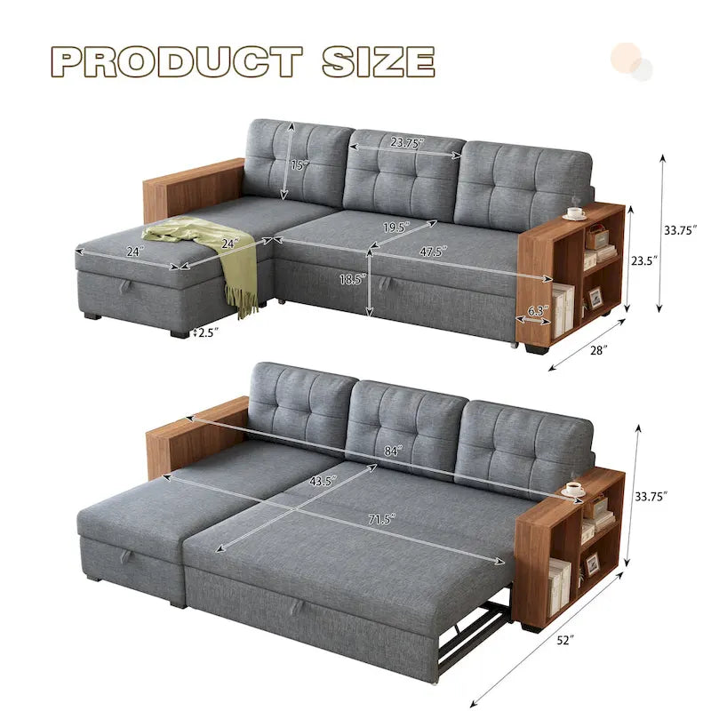 Grey 84 Convertible Corner 3-Seater Sectional Sofa with Storage Chaise, Pull-Out Sleeper Couch, and Elegant Wooden Armrests