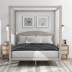 Pine Wood Canopy Platform Bed with Headboard, Support Legs, Wash Finish