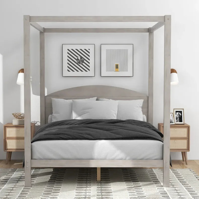 Pine Wood Canopy Platform Bed with Headboard, Support Legs, Wash Finish