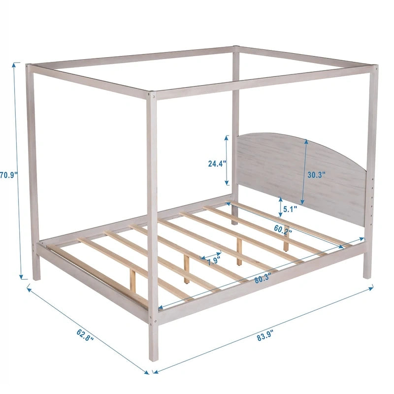 Pine Wood Canopy Platform Bed with Headboard, Support Legs, Wash Finish