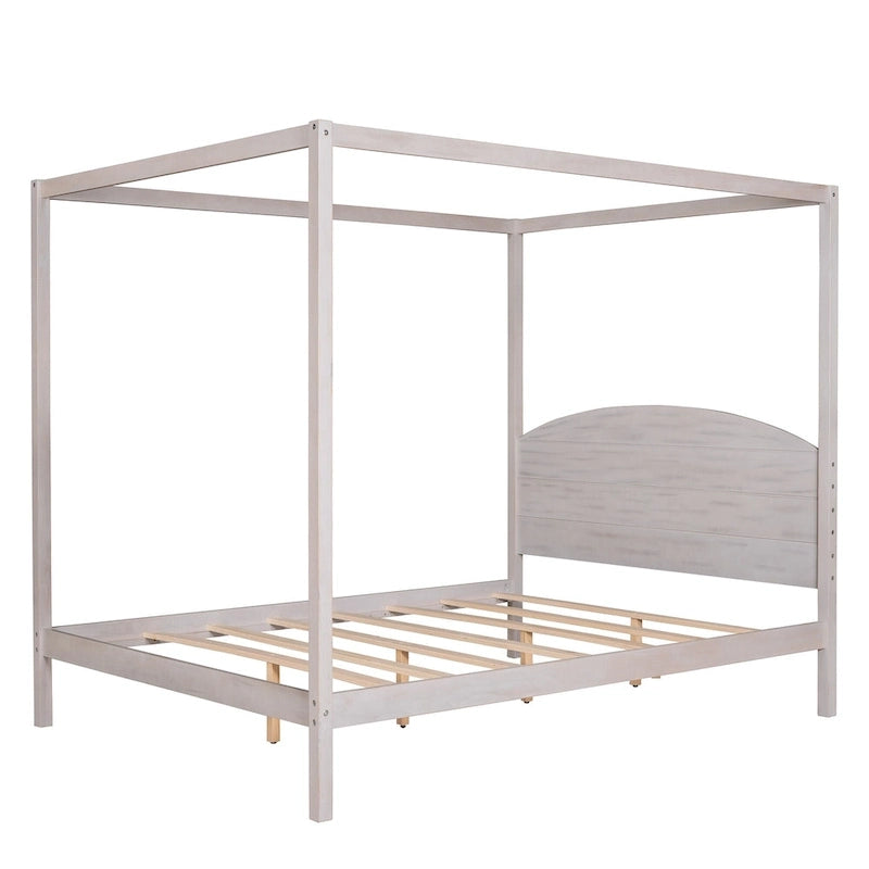Pine Wood Canopy Platform Bed with Headboard, Support Legs, Wash Finish