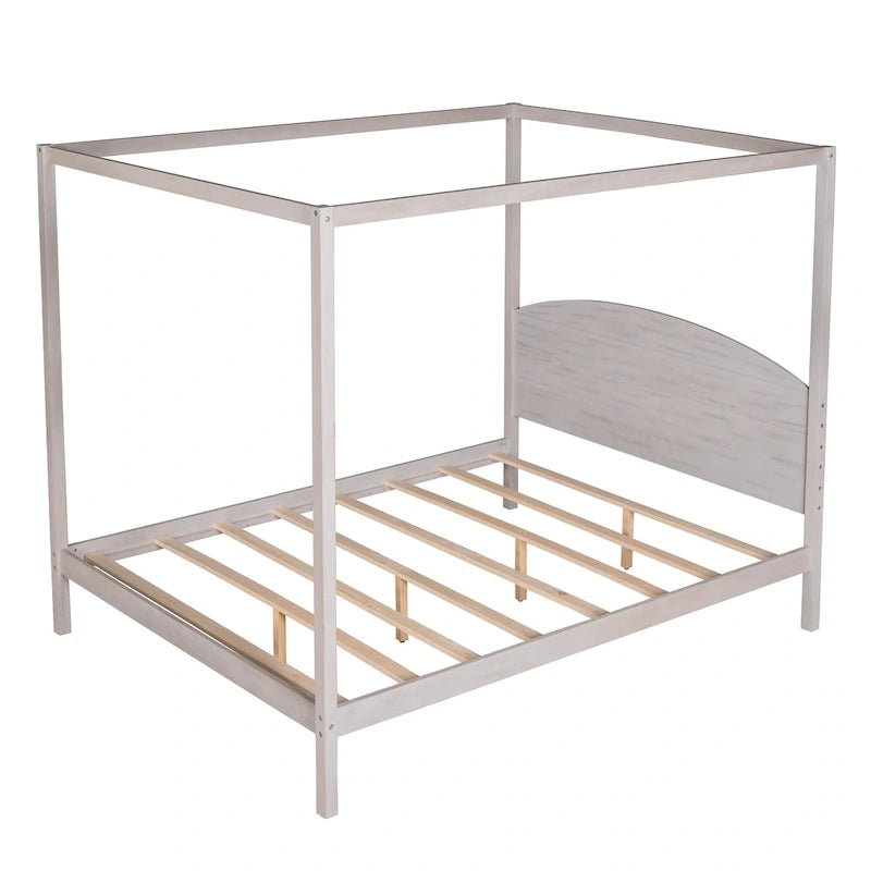 Pine Wood Canopy Platform Bed with Headboard, Support Legs, Wash Finish