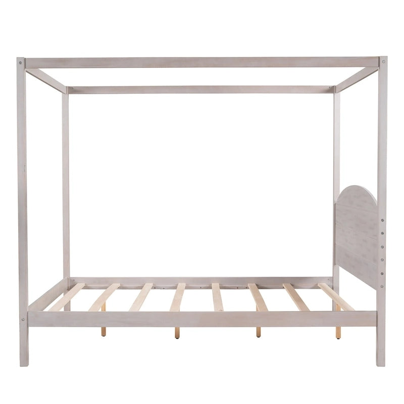 Pine Wood Canopy Platform Bed with Headboard, Support Legs, Wash Finish