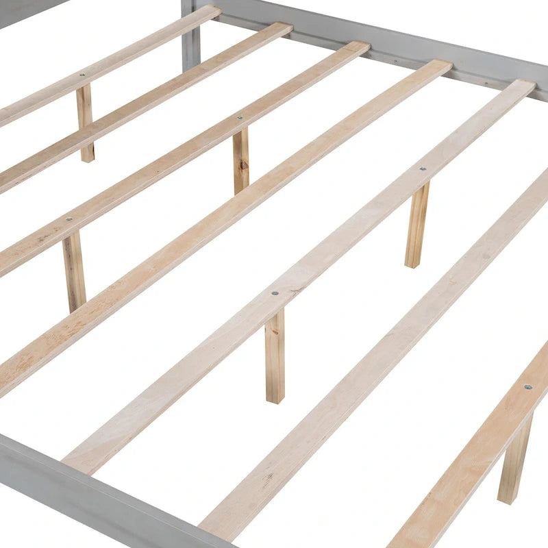 Pine Wood Canopy Platform Bed with Headboard, Support Legs, Wash Finish