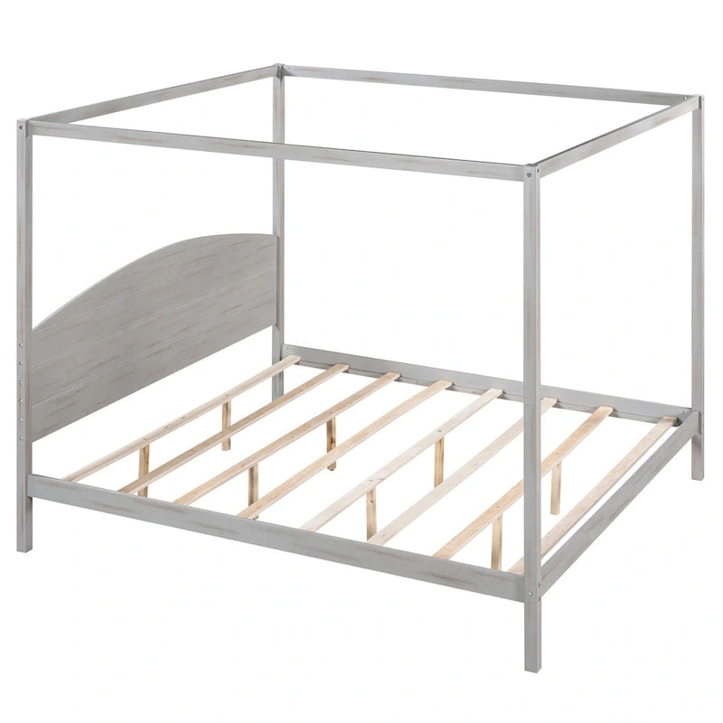 Pine Wood Canopy Platform Bed with Headboard, Support Legs, Wash Finish