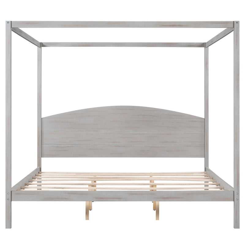 Pine Wood Canopy Platform Bed with Headboard, Support Legs, Wash Finish