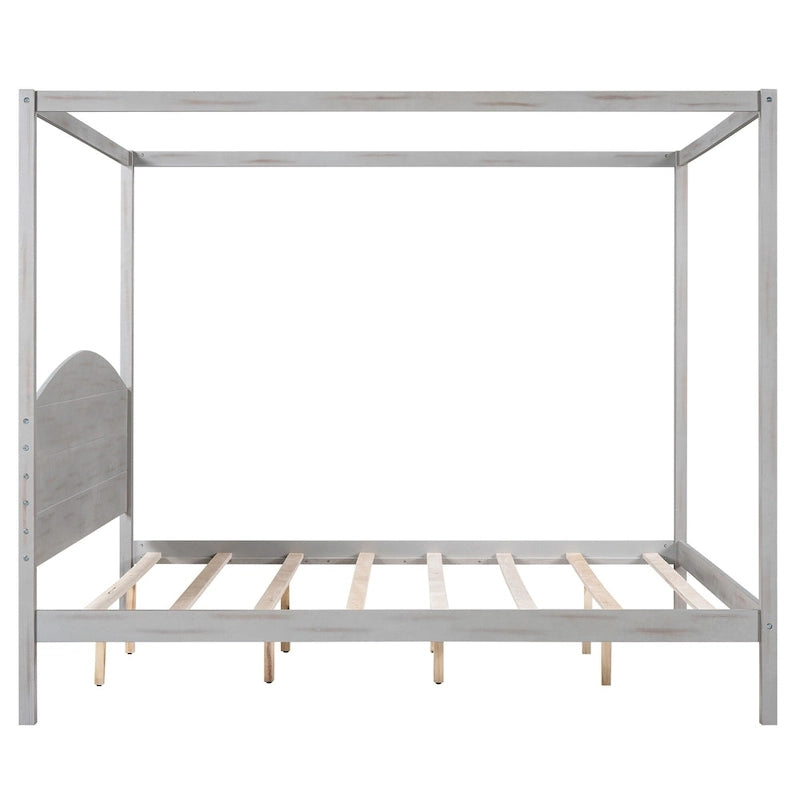 Pine Wood Canopy Platform Bed with Headboard, Support Legs, Wash Finish