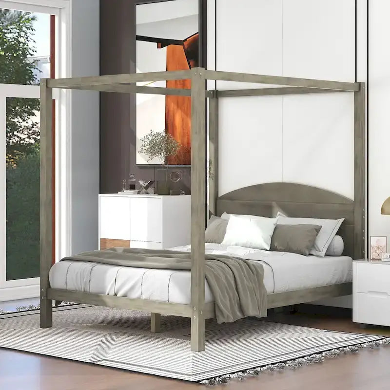 Pine Wood Canopy Platform Bed with Headboard, Support Legs, Wash Finish