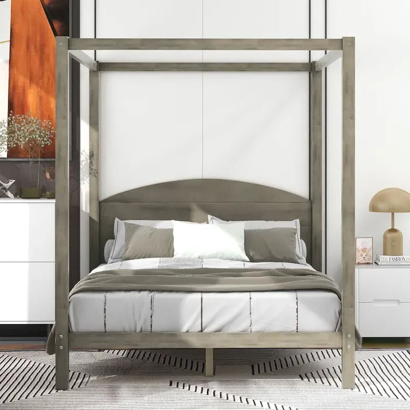 Pine Wood Canopy Platform Bed with Headboard, Support Legs, Wash Finish