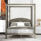 Pine Wood Canopy Platform Bed with Headboard, Support Legs, Wash Finish