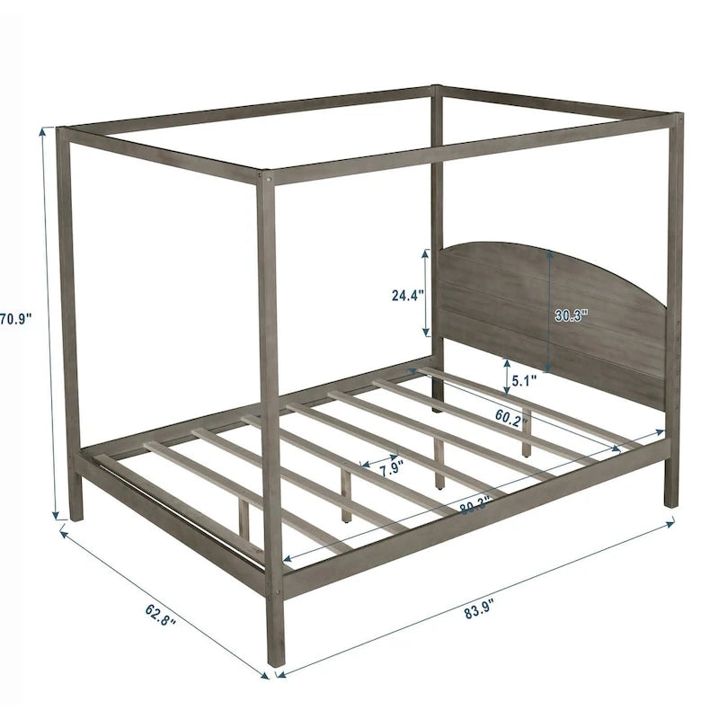 Pine Wood Canopy Platform Bed with Headboard, Support Legs, Wash Finish