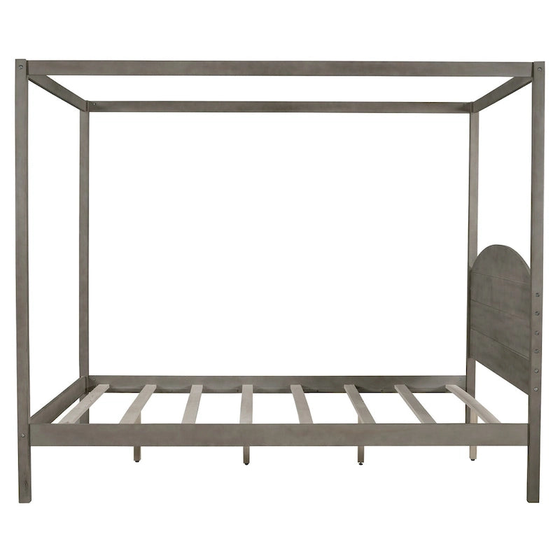 Pine Wood Canopy Platform Bed with Headboard, Support Legs, Wash Finish