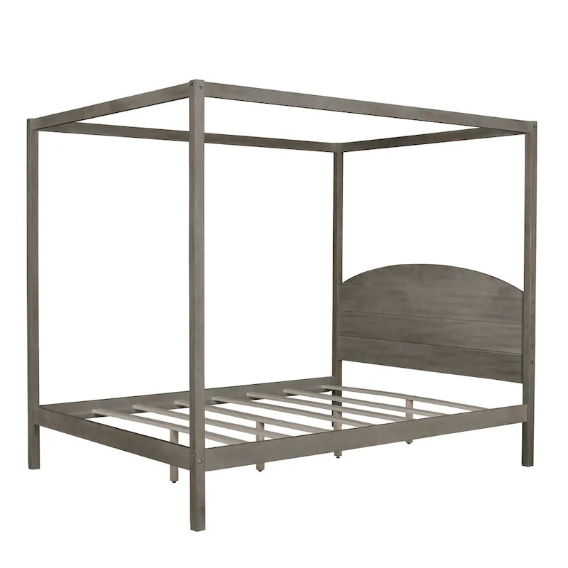 Pine Wood Canopy Platform Bed with Headboard, Support Legs, Wash Finish