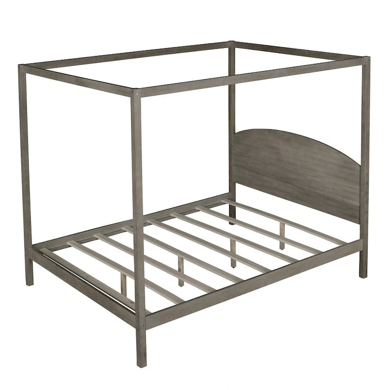 Pine Wood Canopy Platform Bed with Headboard, Support Legs, Wash Finish