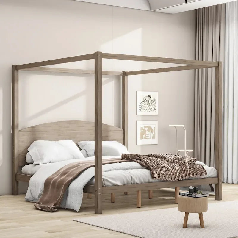Pine Wood Canopy Platform Bed with Headboard, Support Legs, Wash Finish