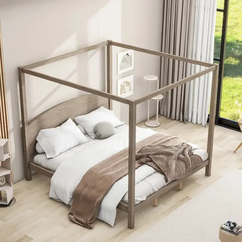 Pine Wood Canopy Platform Bed with Headboard, Support Legs, Wash Finish