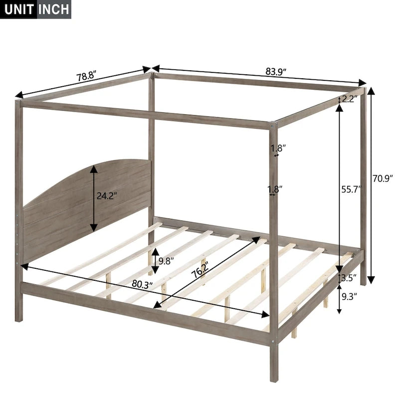 Pine Wood Canopy Platform Bed with Headboard, Support Legs, Wash Finish