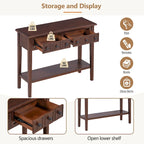 38.2 Rustic Console Table with Open Shelf and Three Drawers, Rubber Wood Legs