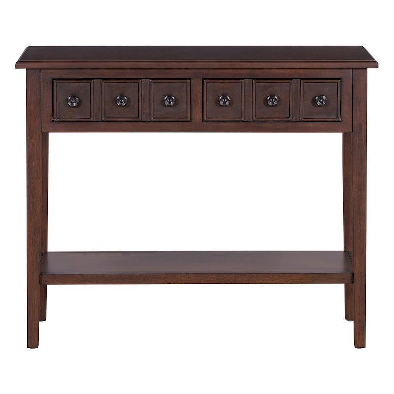 38.2 Rustic Console Table with Open Shelf and Three Drawers, Rubber Wood Legs