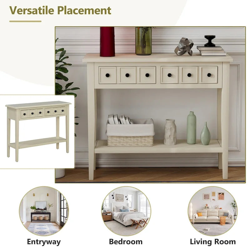 38.2 Rustic Console Table with Open Shelf and Three Drawers, Rubber Wood Legs