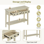 38.2 Rustic Console Table with Open Shelf and Three Drawers, Rubber Wood Legs