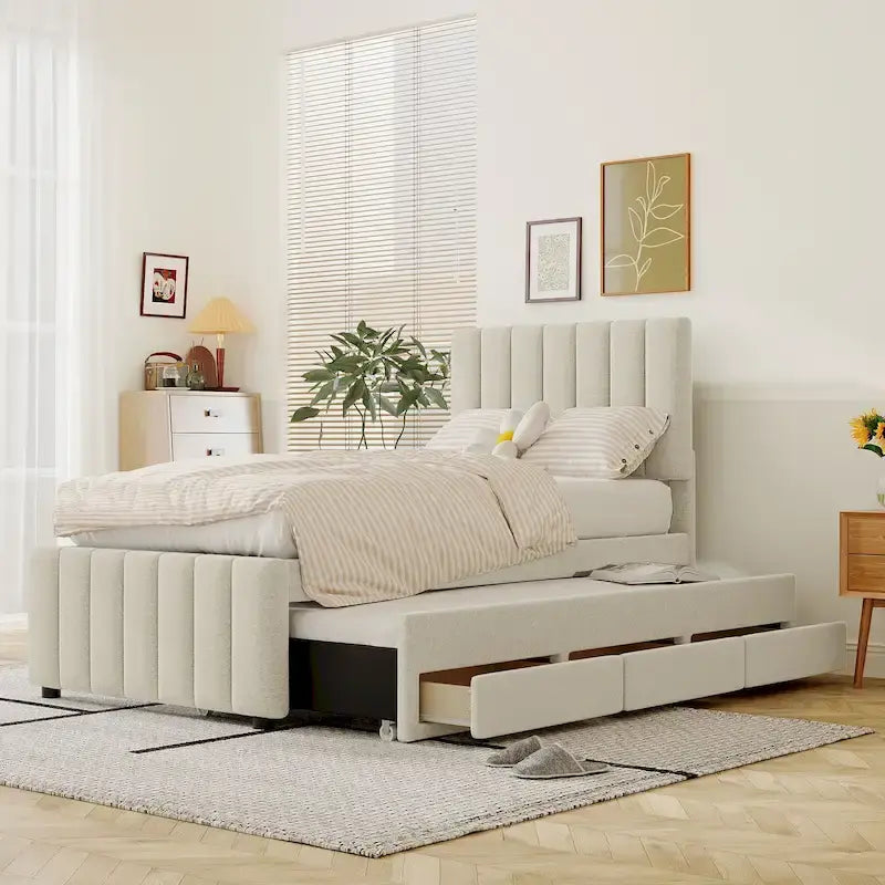 Twin Size Linen Upholstered Platform Bed Frame with Trundle & 3 Drawers