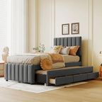 Twin Size Linen Upholstered Platform Bed Frame with Trundle & 3 Drawers