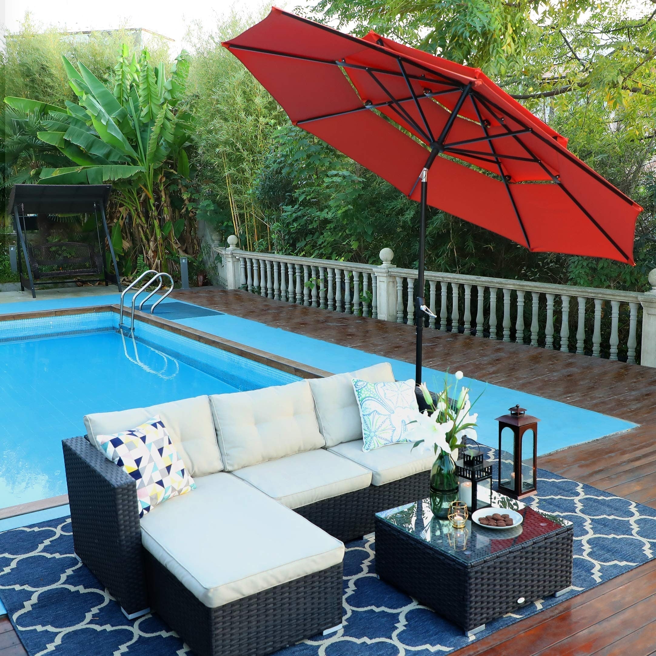 MAISON ARTS 10ft 3 Tier Auto-tilt Patio Umbrella Outdoor Double Vented Umbrella with LED Lights