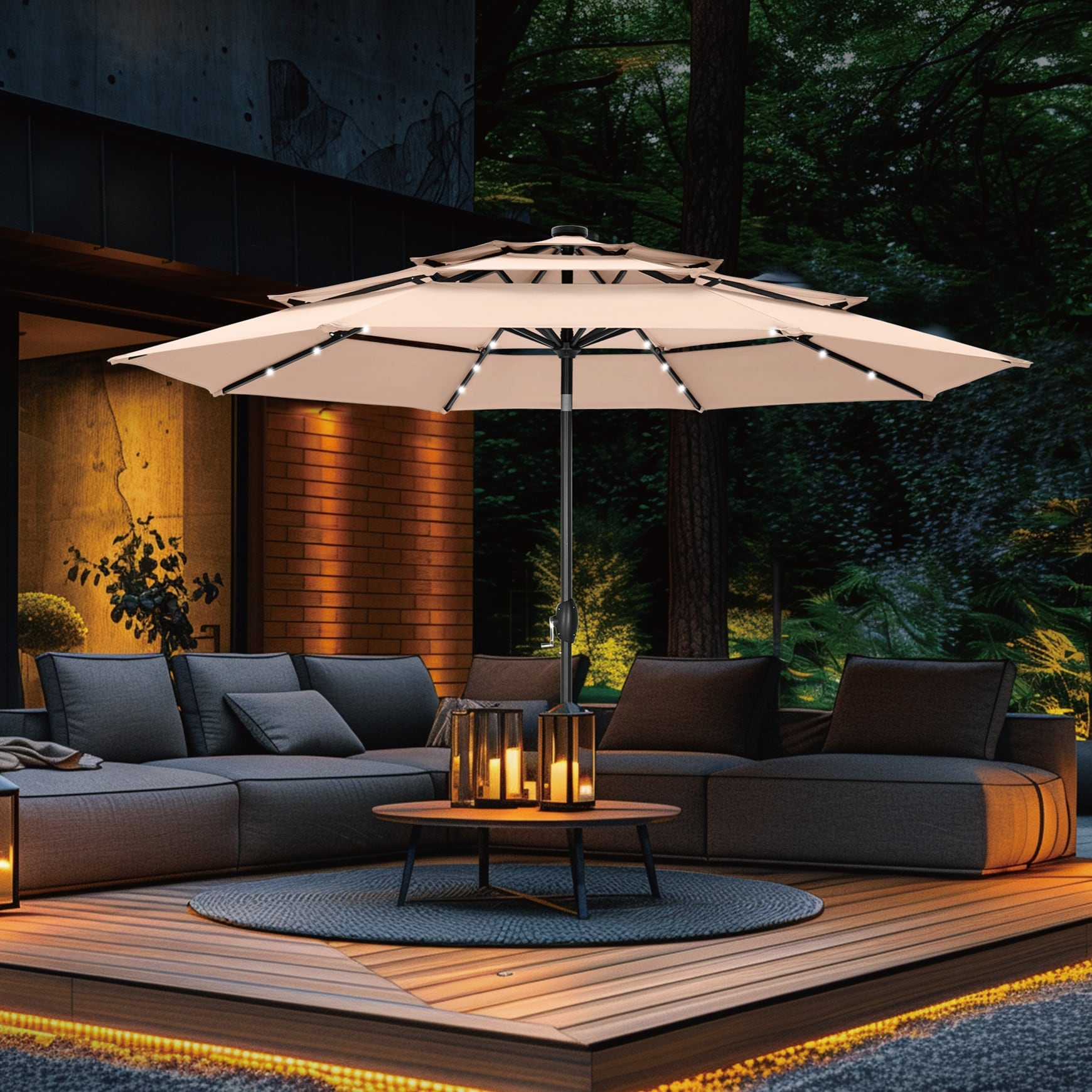 MAISON ARTS 10ft 3 Tier Auto-tilt Patio Umbrella Outdoor Double Vented Umbrella with LED Lights